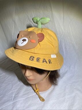 Kids Yellow Bear Bucket Hat with Green Leaf Top